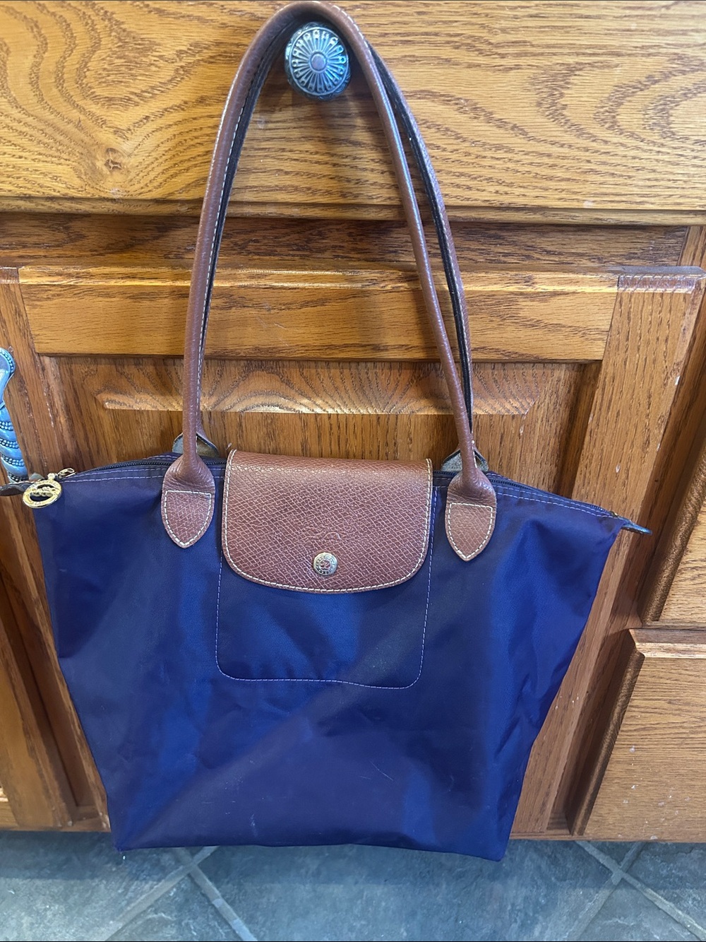 Small Longchamp Le Pliage purple Tote with Brown Leather Trim